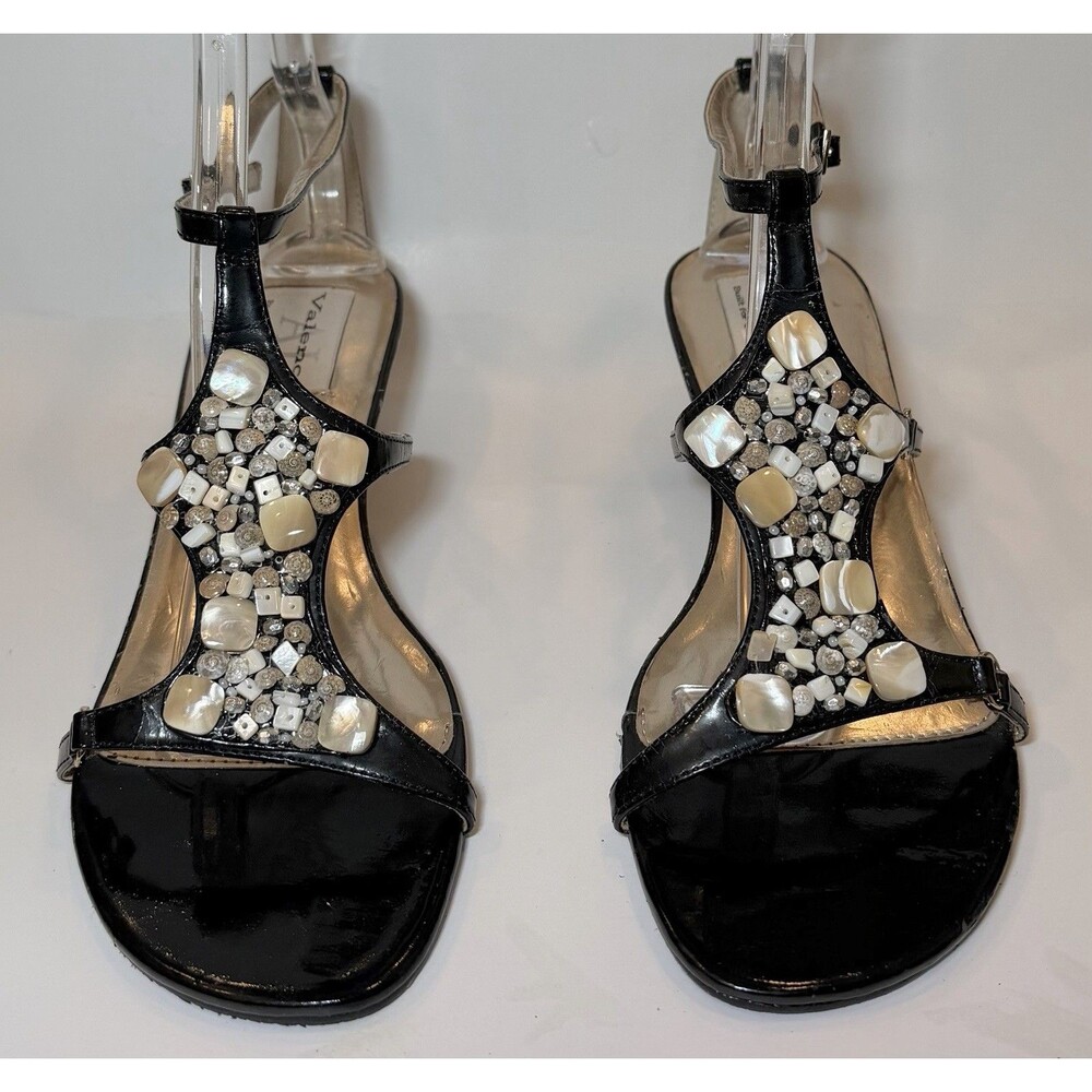 AJ Valenci Built for Comfort Black Patent Beaded T Strap Wedge Sandals 10M